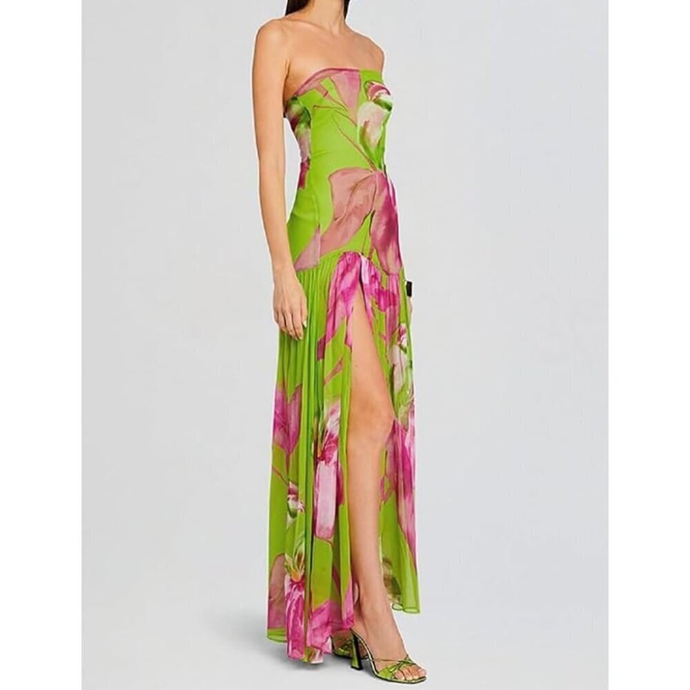 🆕Women's Strapless Tube Top Tiger Stripe Green Maxi Dress Sexy High Party Dress - Picture 3 of 4